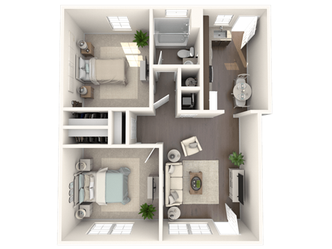 Floor plan for 2 beds, 1 bath, 730 sqft